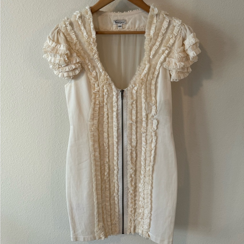 Cream Ruffled Puff Sleeve Sheath Dress